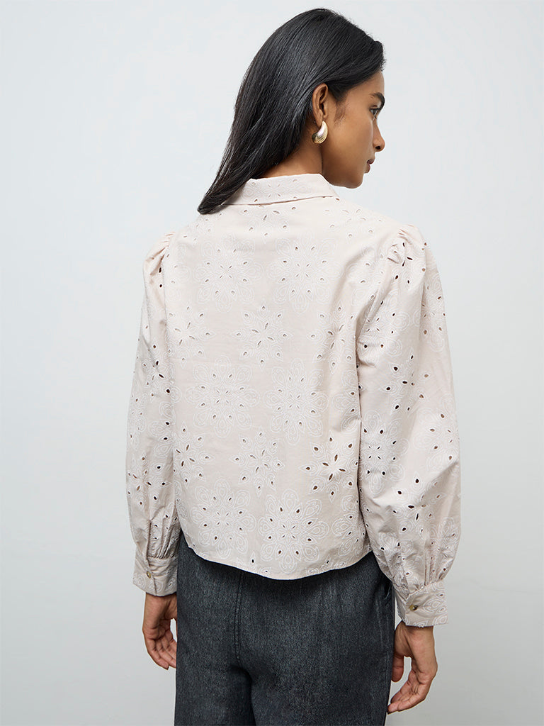 LOV Light Beige Floral Embroidered Cotton Shirt