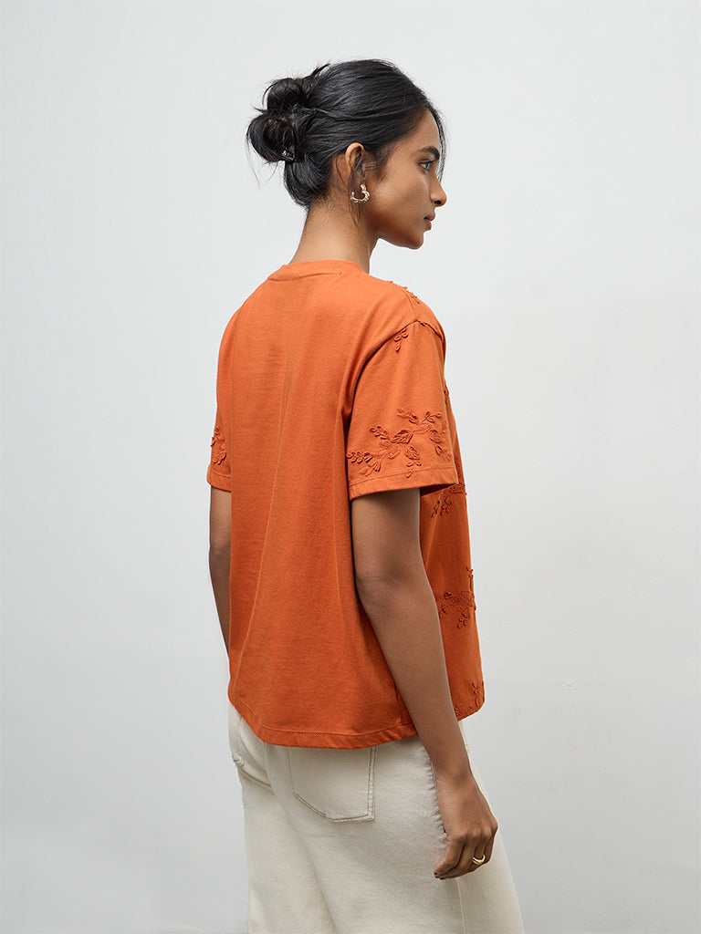 LOV Rust Botanical Embroidered Cotton T-Shirt