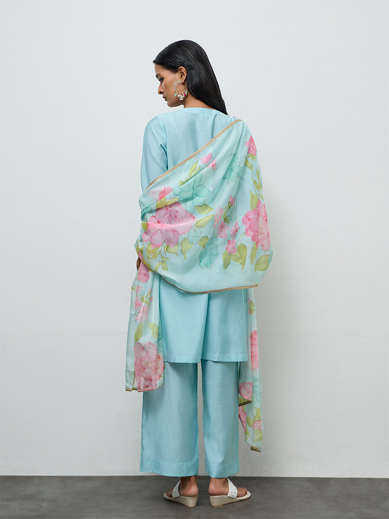Vark Blue Floral Embroidered A-Line Ethnic Set