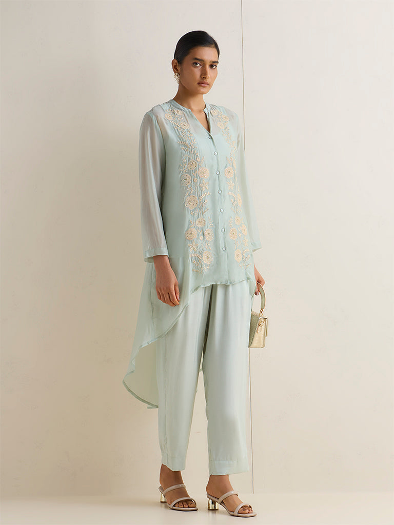 Vark Aqua Floral Embroidered High-Low Ethnic Set