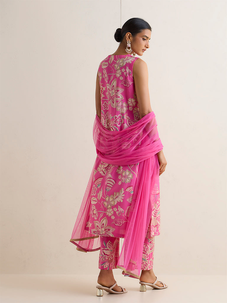 Vark Pink Floral Printed A-Line Ethnic Set