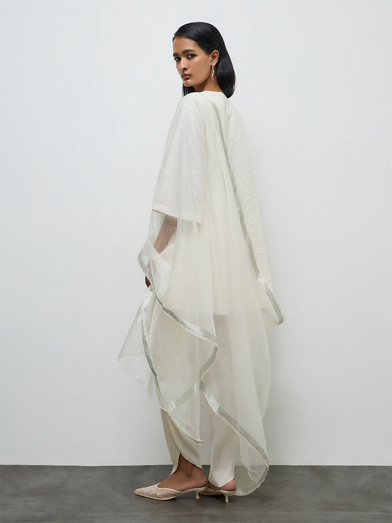 Vark Off-White Floral Embroidered Cotton-Blend A-Line Ethnic Set
