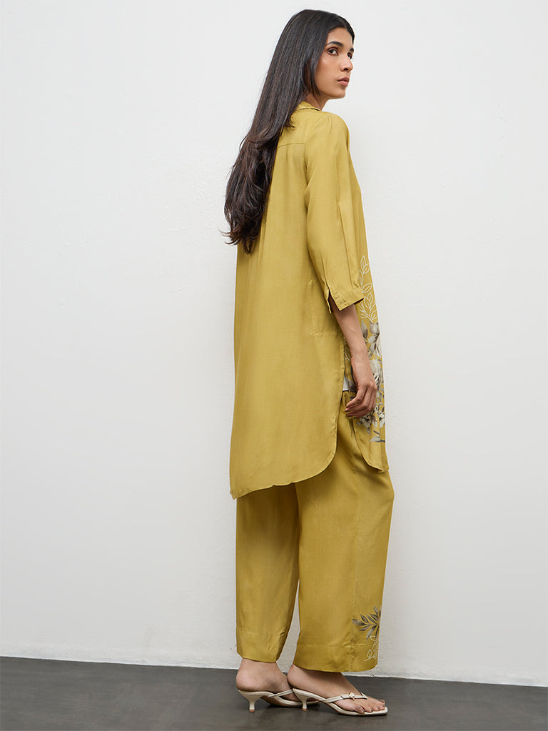 Utsa Mustard Botanical Pattern A-Line Kurta