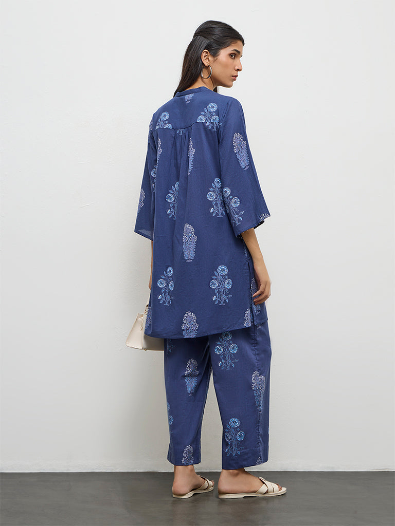 Utsa Navy Botanical Pattern Cotton Straight Kurta
