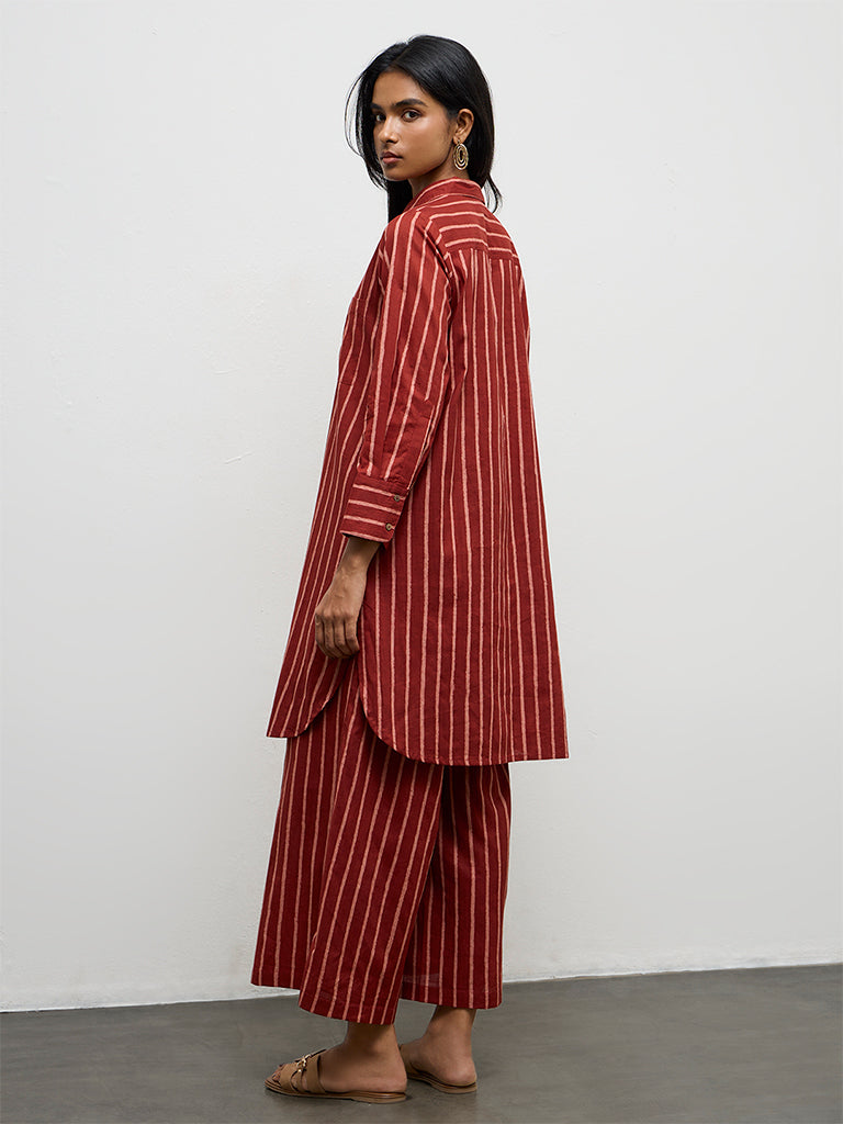 Utsa Red Striped Cotton A-Line Kurta