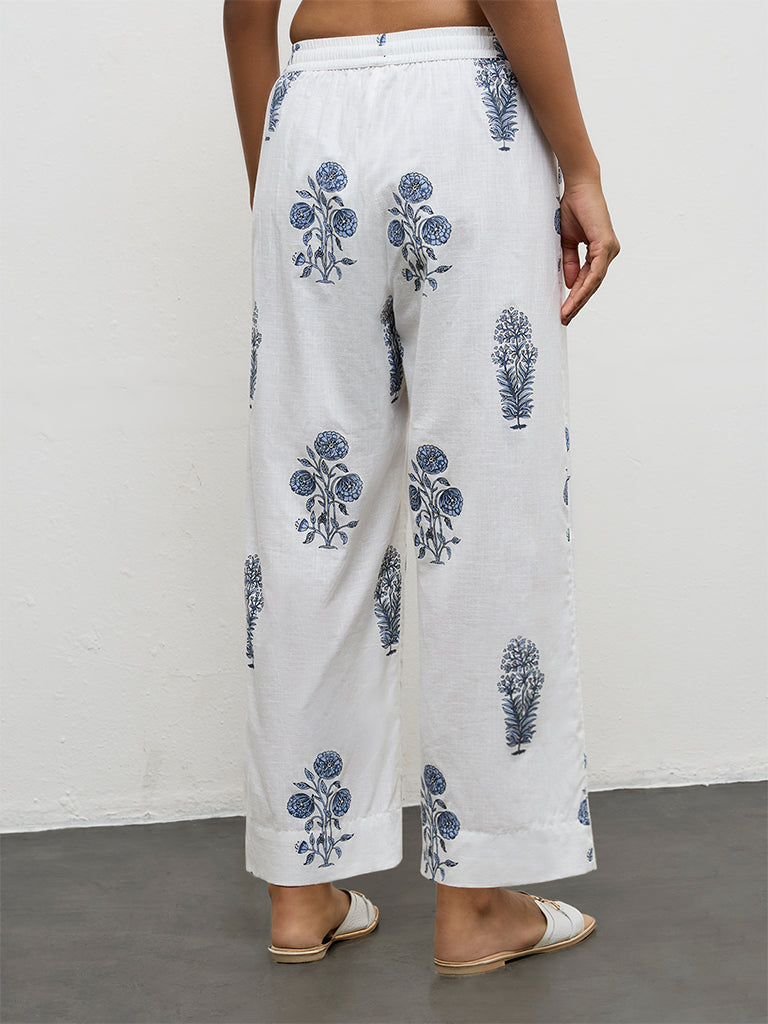 Utsa White Floral Printed Cotton Pants