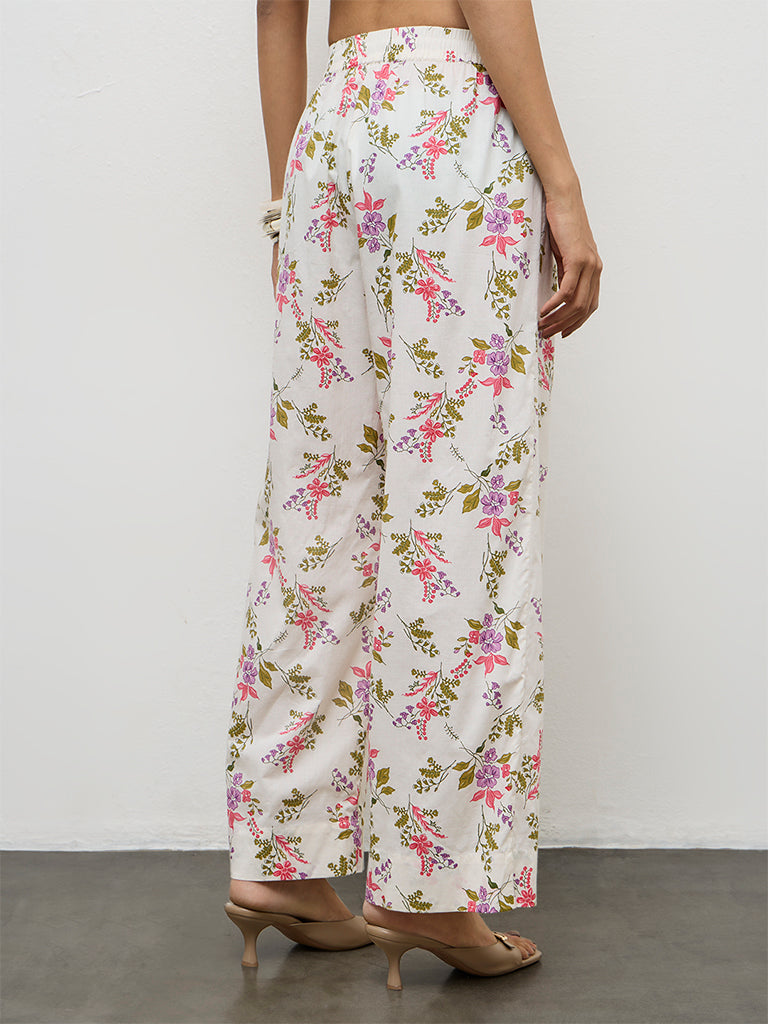 Utsa Off-White Floral Pattern Cotton Pants