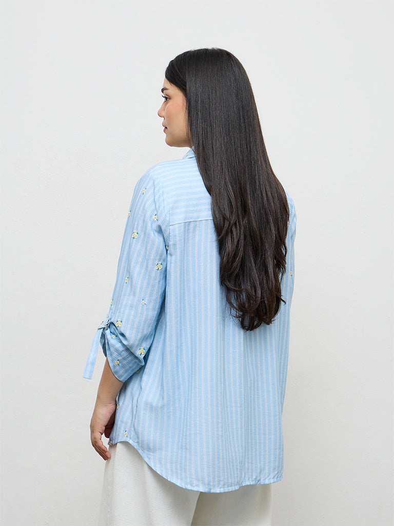 Gia Blue Floral Embroidered Cotton Shirt
