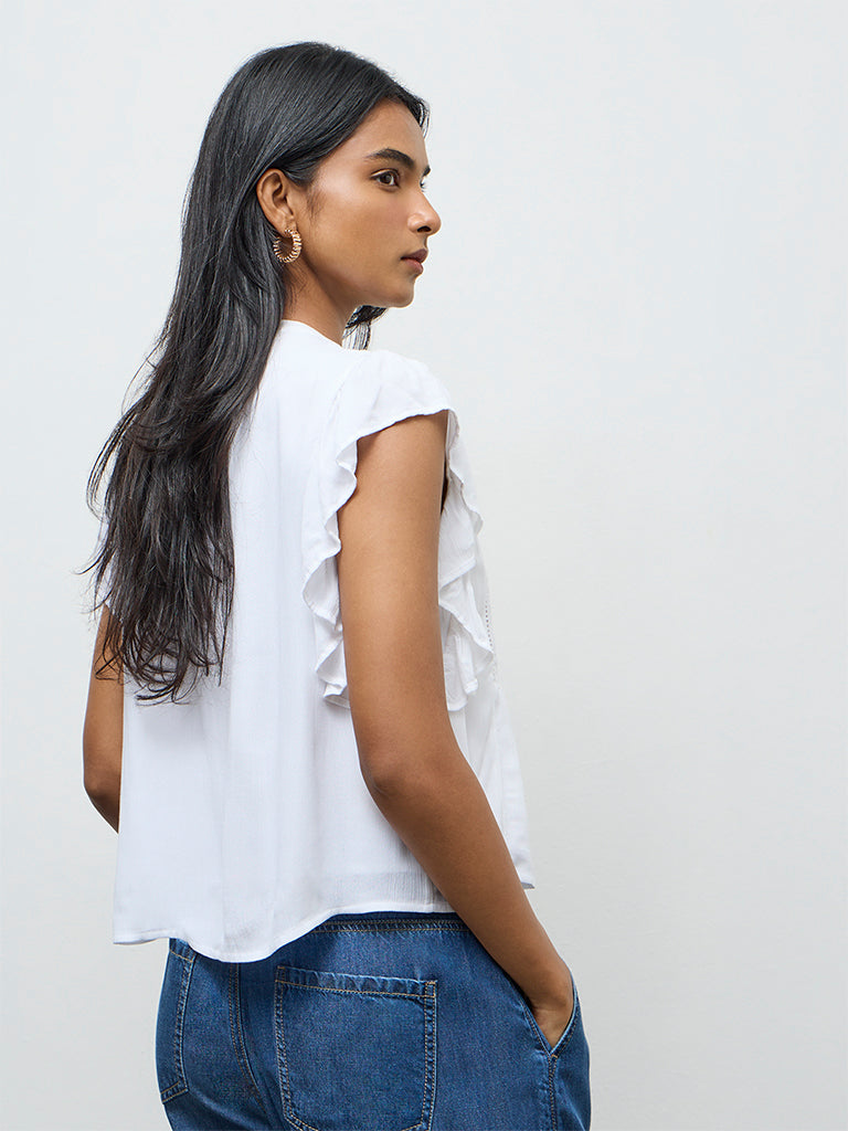 LOV White Floral Embroidered Cotton Blouse