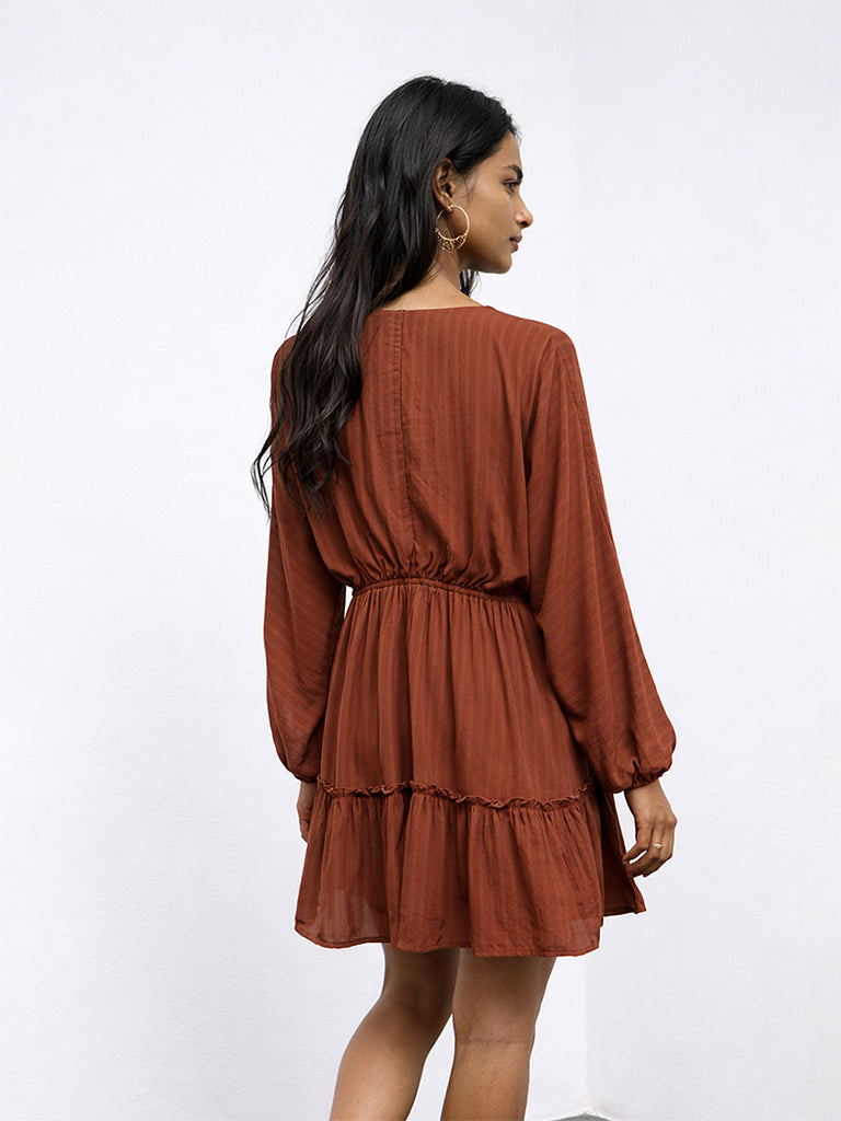 LOV Rust Crinkle-Textured A-Line Dress