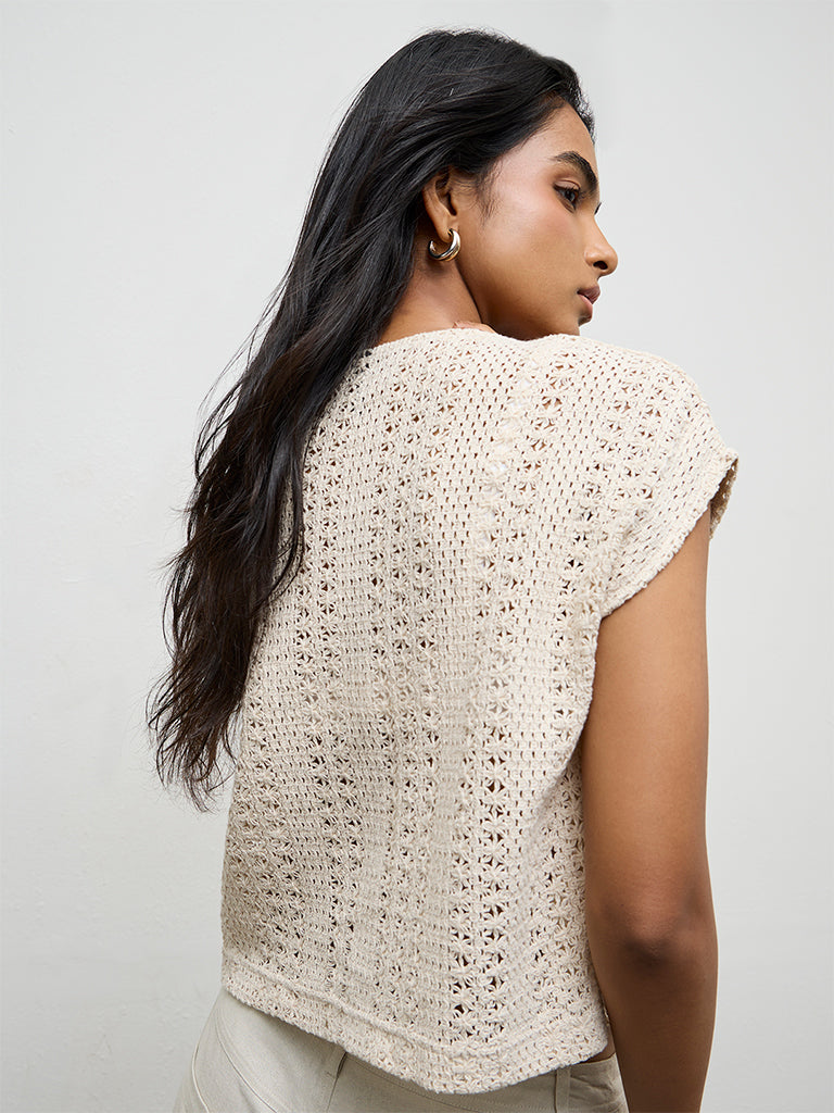 LOV Off-White Crochet-Knit Cotton-Blend Top