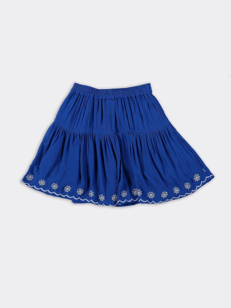Utsa Kids Girls Cobalt Blue Embroidered Rayon Skirt - (8-14 yrs)