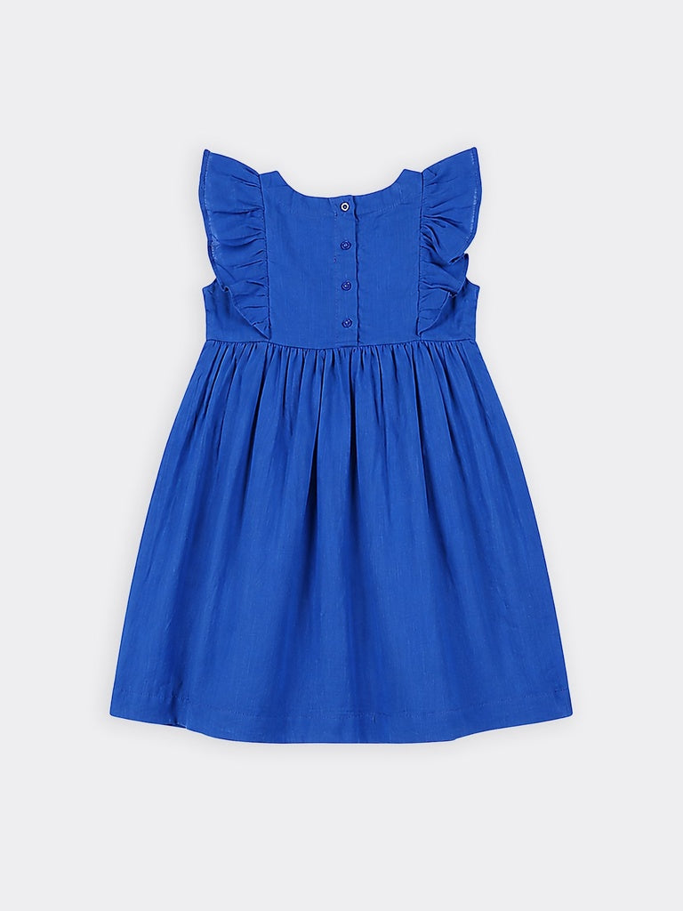 Utsa Kids Girls Blue Floral Embroidered Cotton Flared Dress - (8-14 yrs)