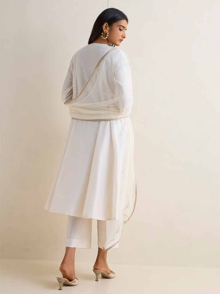 Vark Off-White Floral Embroidered A-Line Ethnic Set