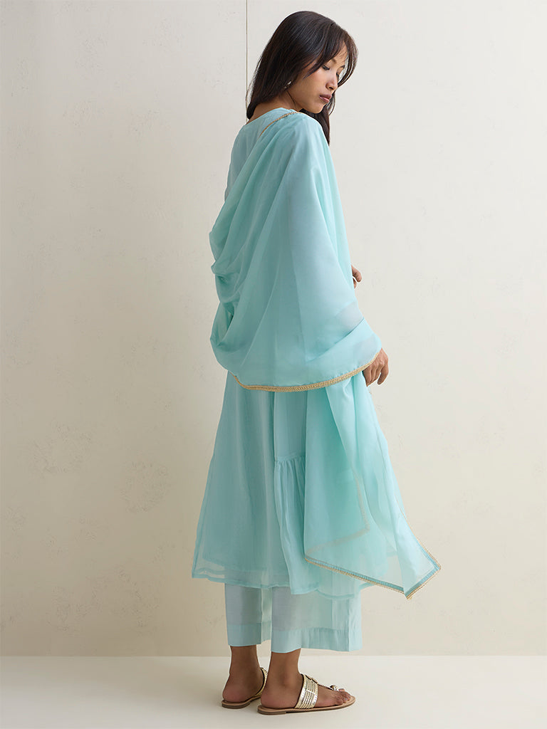 Vark Light Blue Embroidered A-Line Ethnic Set