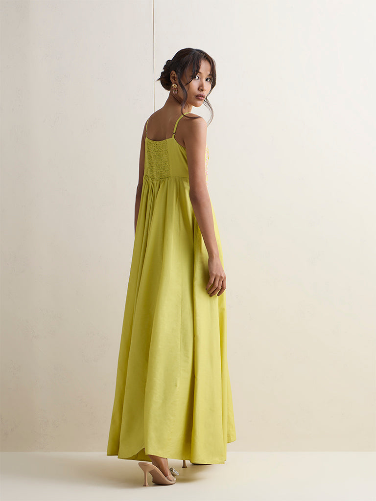 Vark Lime Floral Embroidered Maxi A-Line Dress