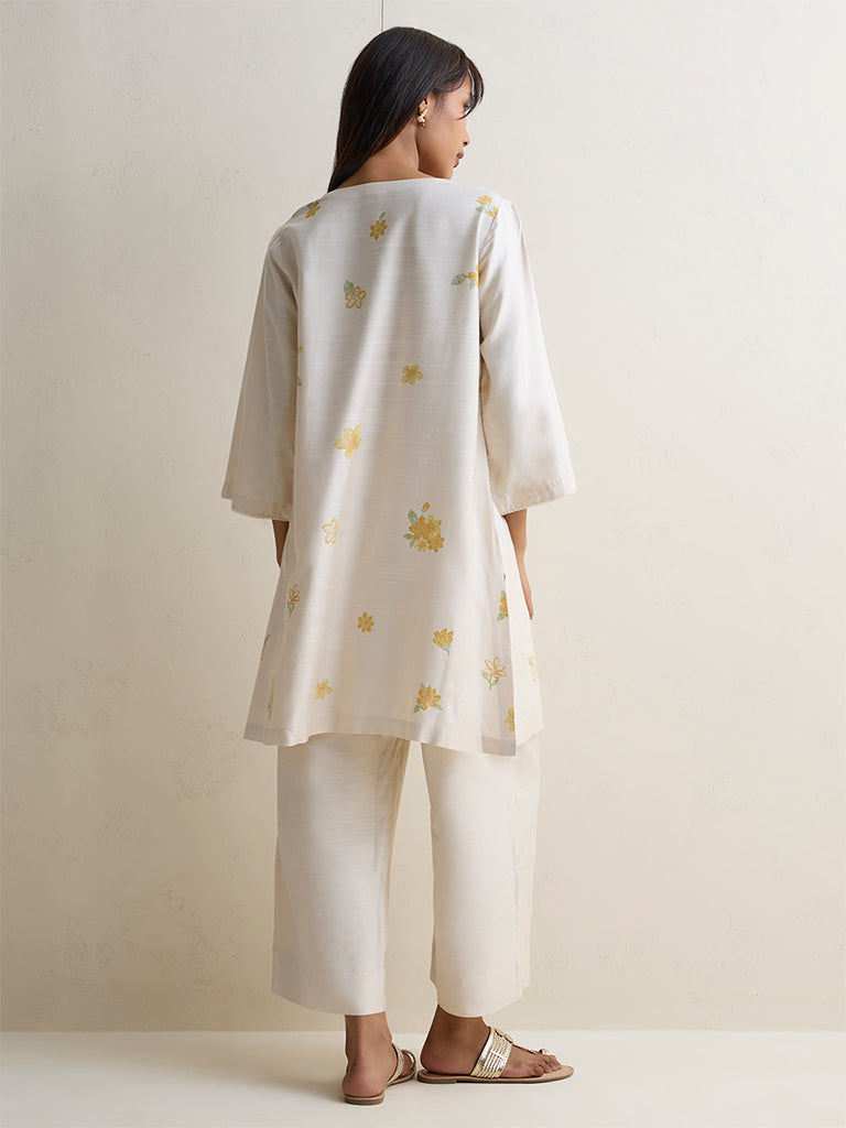 Zuba Ivory Foliage Pattern A-Line Kurta