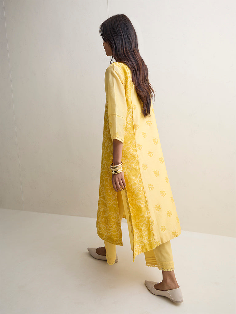 Zuba Yellow Botanical Design Cotton A-Line Kurta