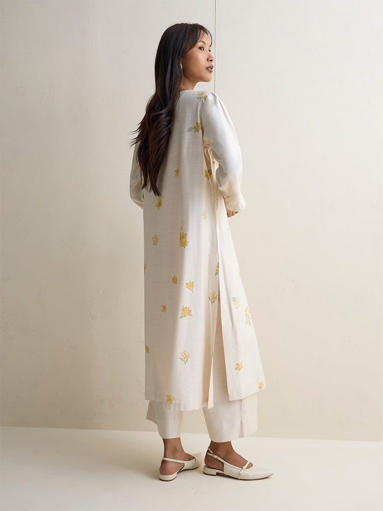 Zuba Ivory Floral Design A-Line Kurta