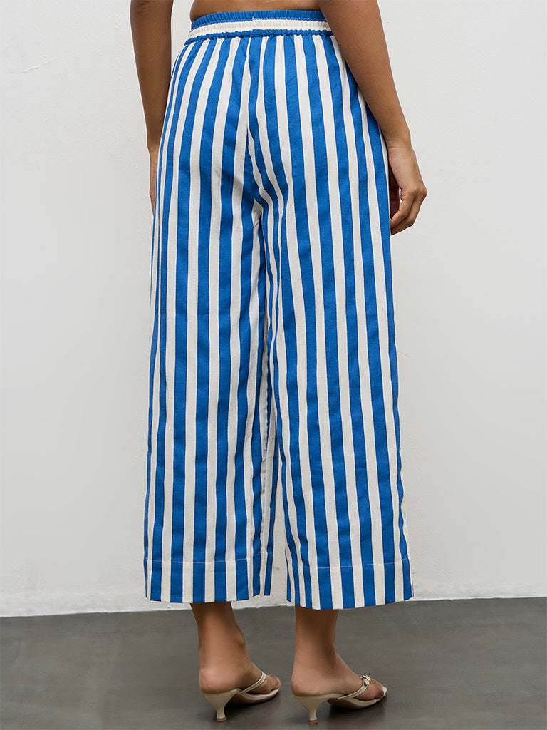 Utsa Blue Striped Cotton-Blend Pants