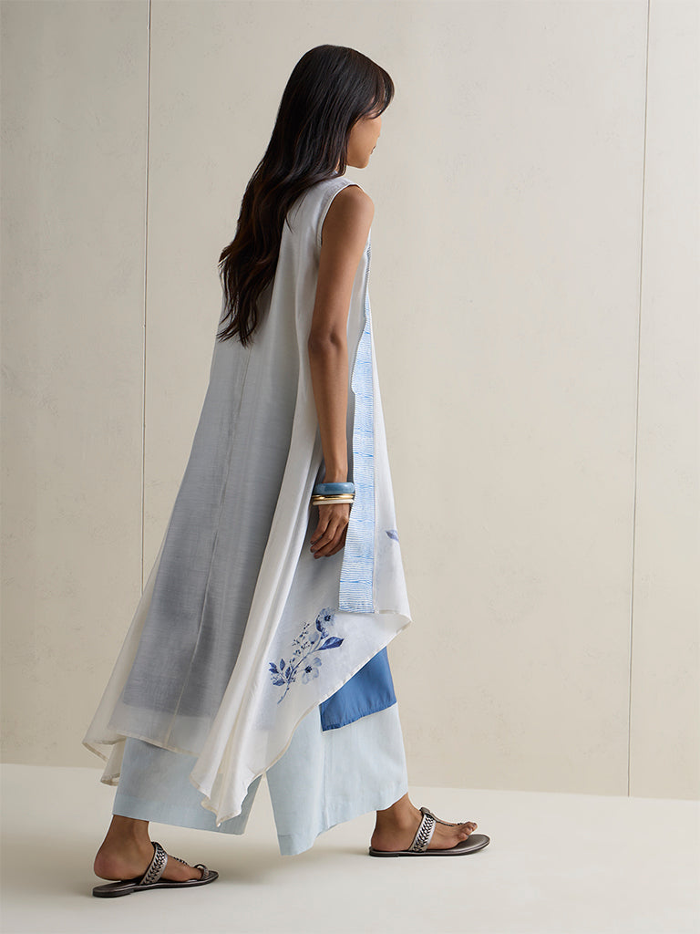 Zuba Blue Ombre-Finish Straight Silk Chanderi Kurta with Shrug
