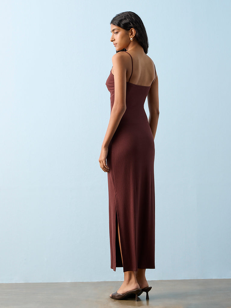 Nuon Brown Ribbed-Textured Bodycon Dress