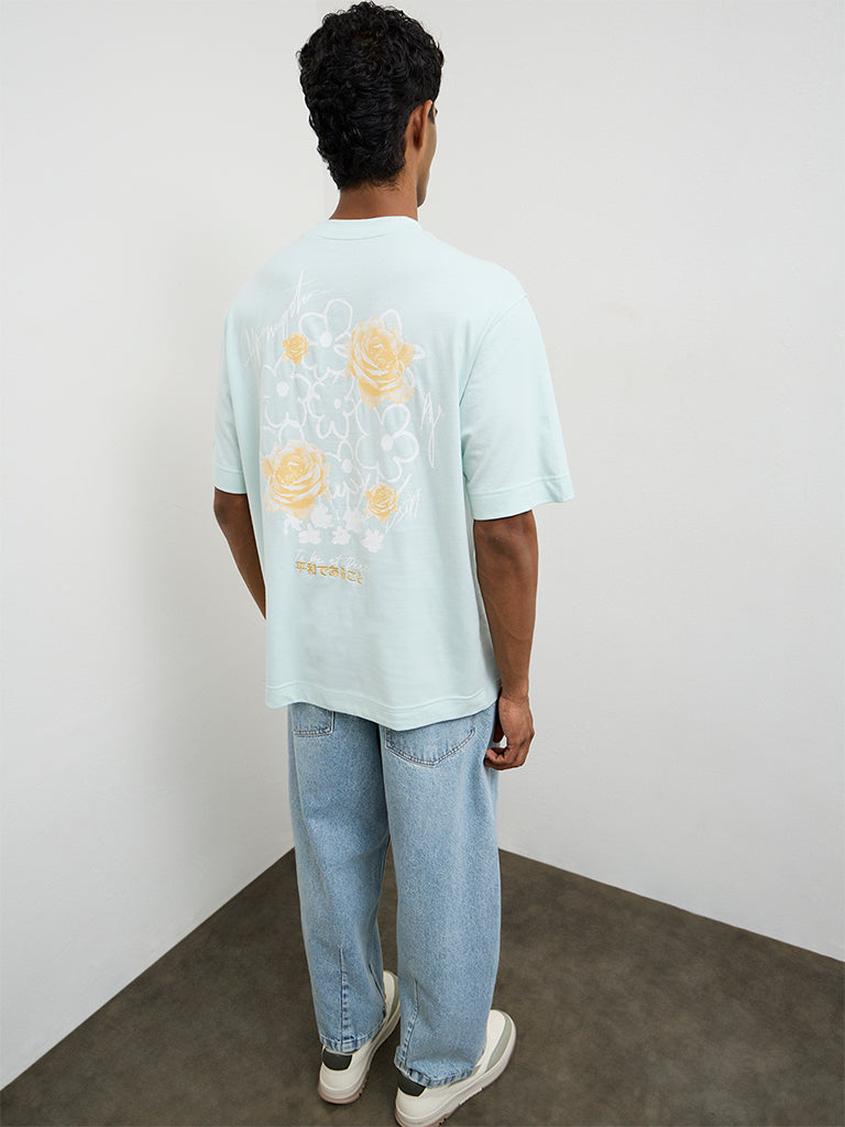 Nuon Light Teal Floral Printed Relaxed-Fit Cotton T-Shirt