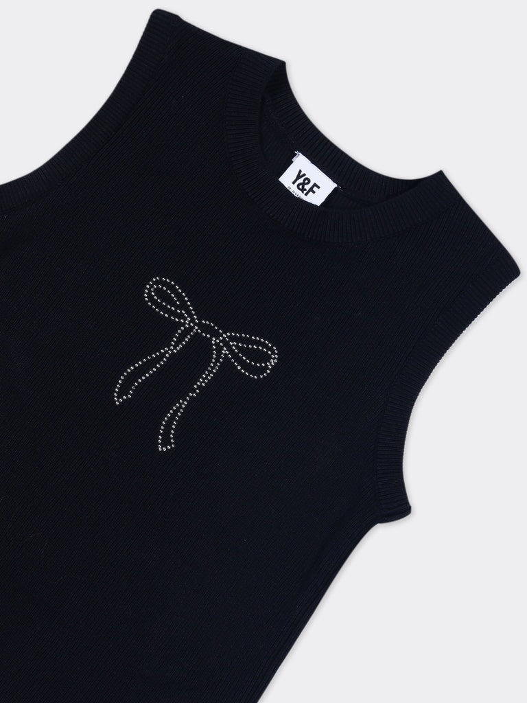 Girls Black Bow Detail Ribbed Top