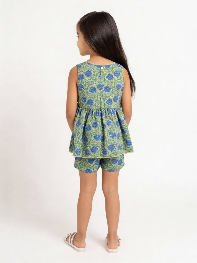 Utsa Kids Girls Lime Green Floral Print Cotton Top - (2- 8 yrs)