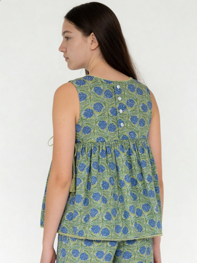 Utsa Kids Girls Lime Green Floral Print Cotton Flared Top - (8- 14 yrs)