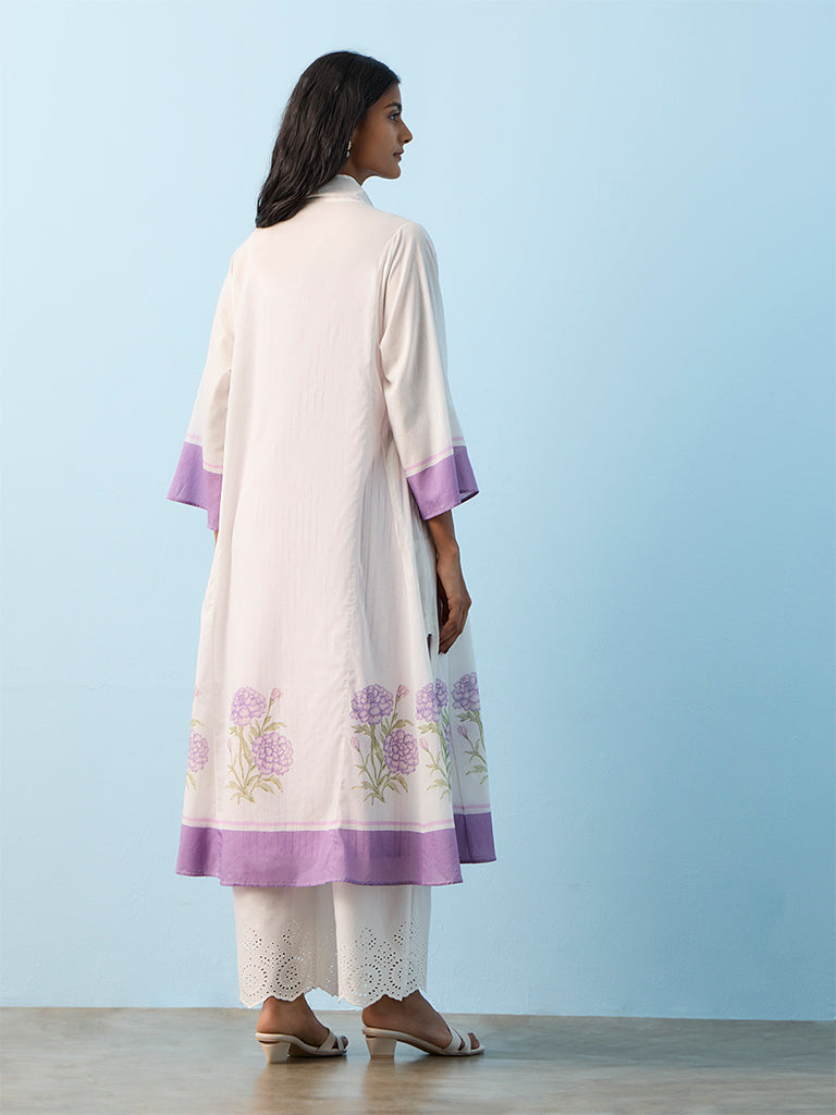 Utsa White Striped Cotton A-Line Kurta with Shrug