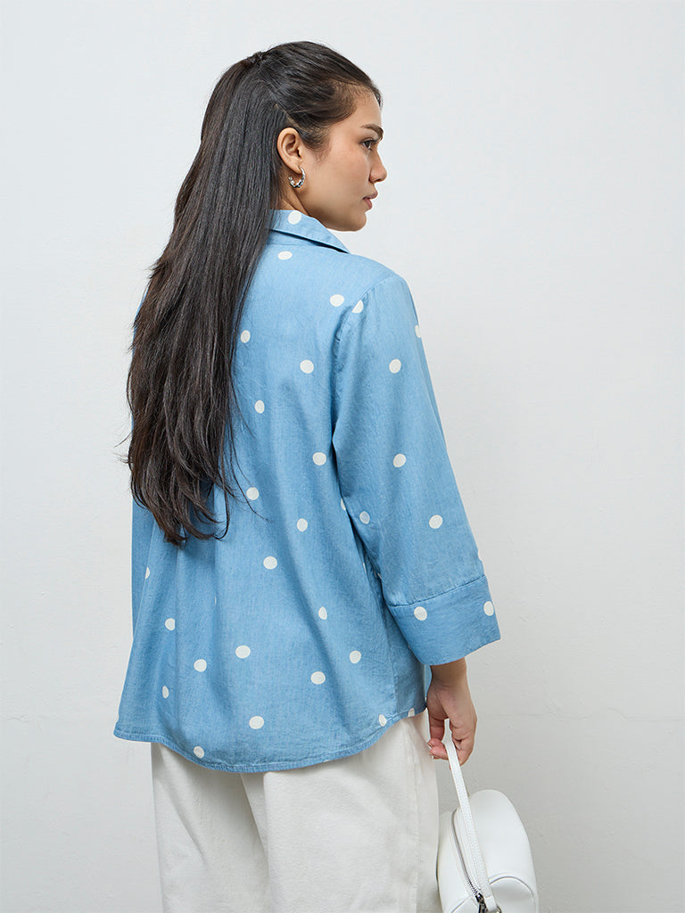 Gia Light Blue Polka-Dot Printed Cotton Shirt