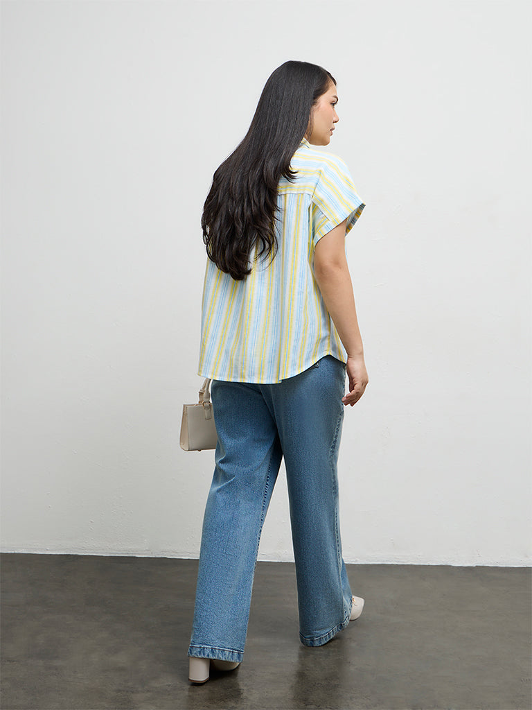 Gia Blue and Yellow Striped Cotton-Blend Shirt