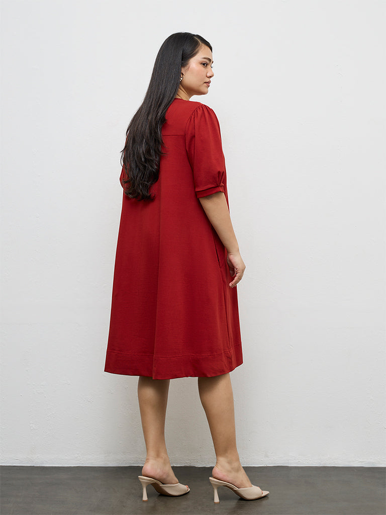 Gia Red Solid Cotton A-Line Dress
