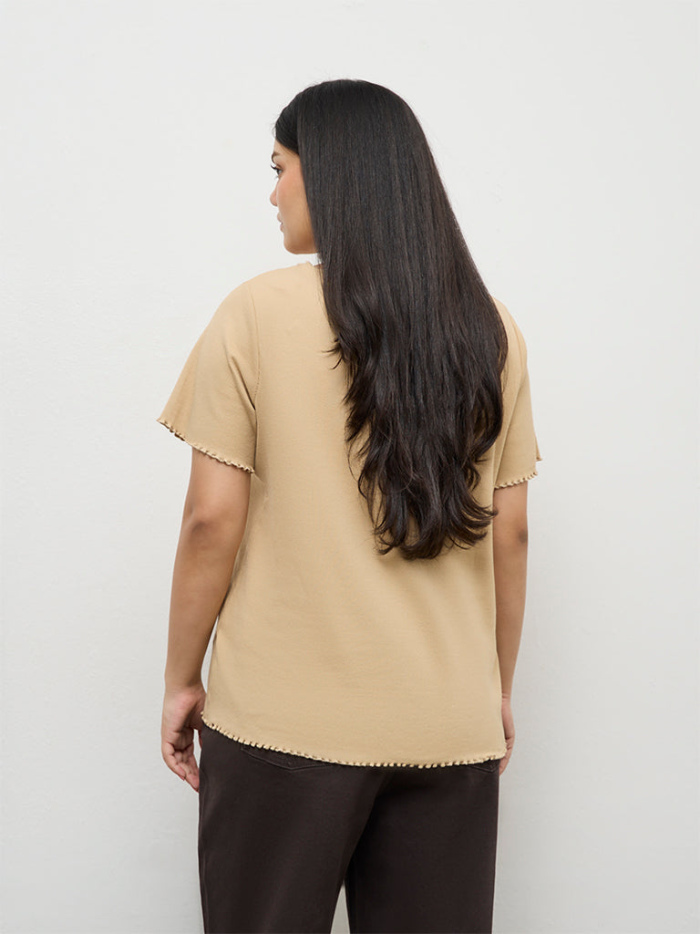 Gia Beige Ribbed-Textured Cotton-Blend T-Shirt