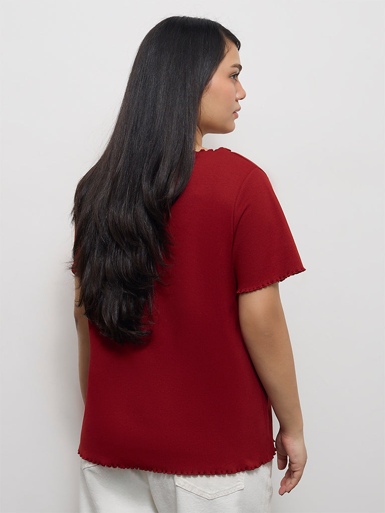 Gia Red Ribbed Cotton-Blend T-Shirt