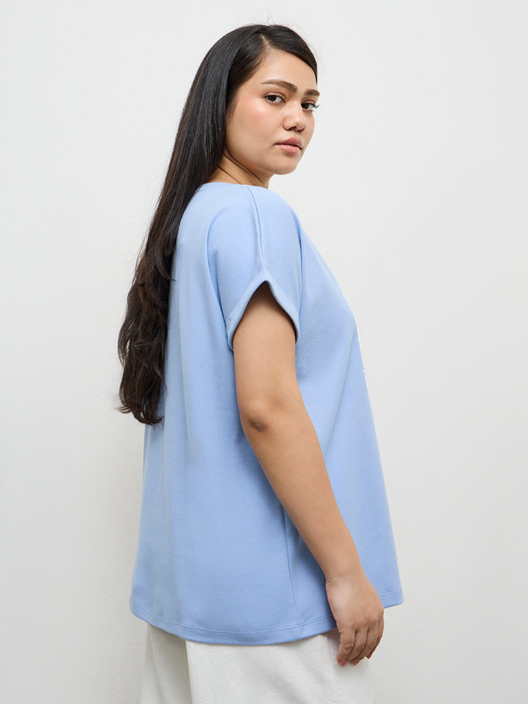 Gia Blue Foliage Printed Cotton T-Shirt