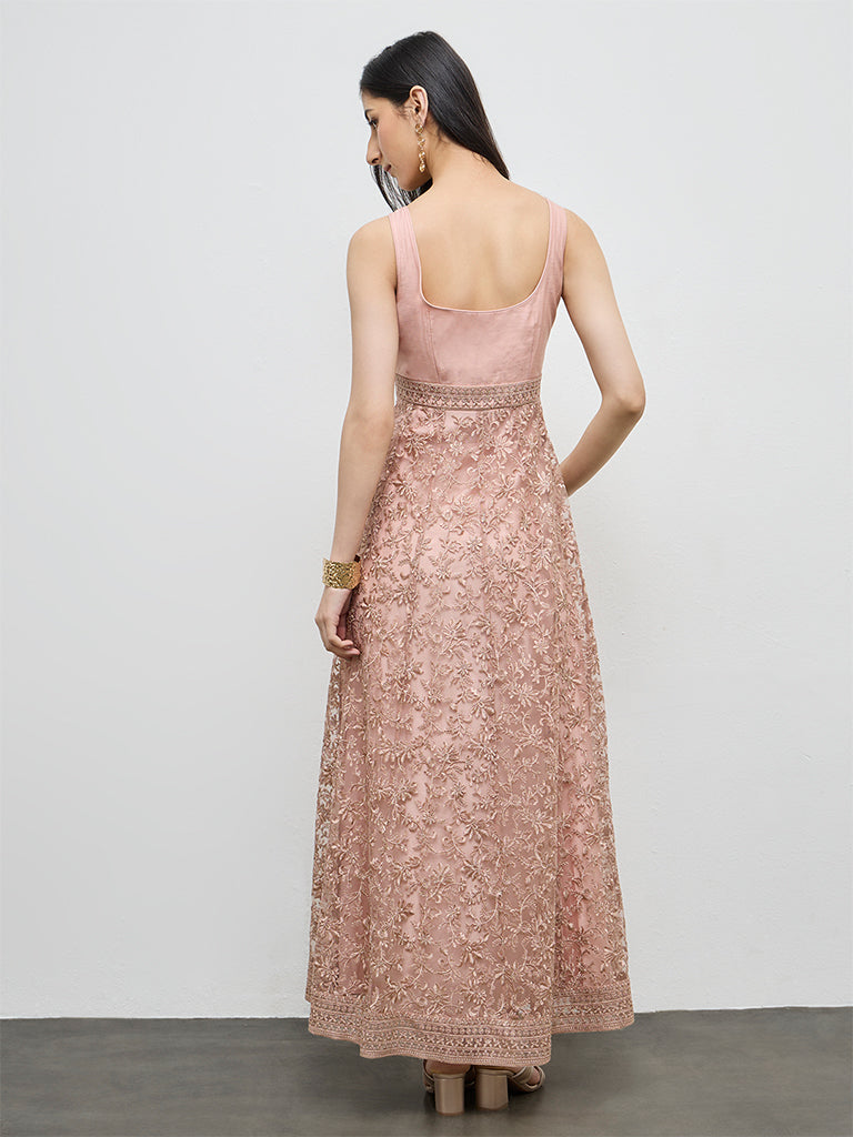 Vark Dusty Pink Floral Embroidered A-Line Dress