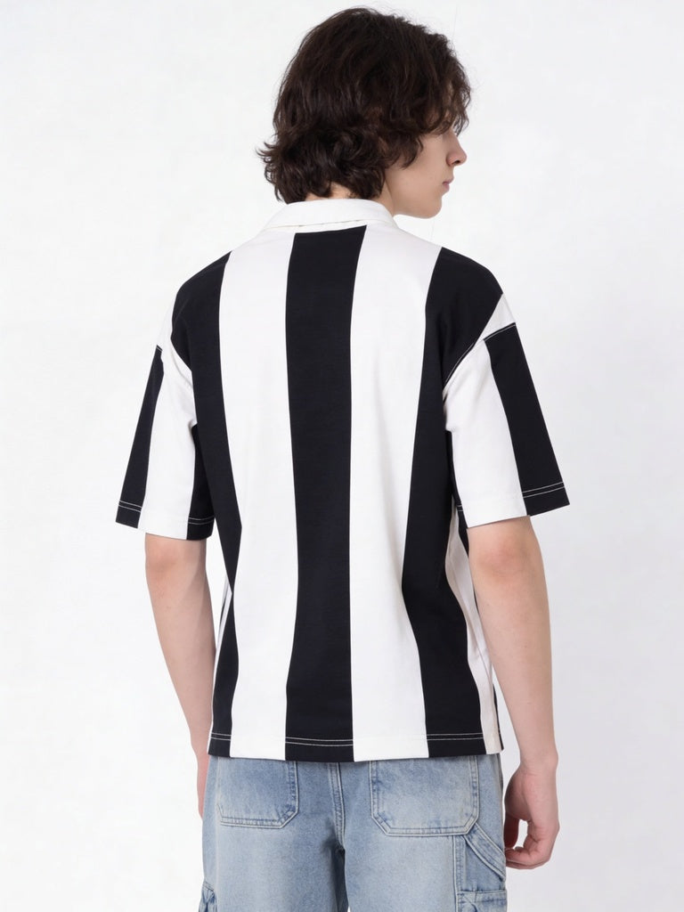 Boys Black Striped Cotton Polo T-Shirt