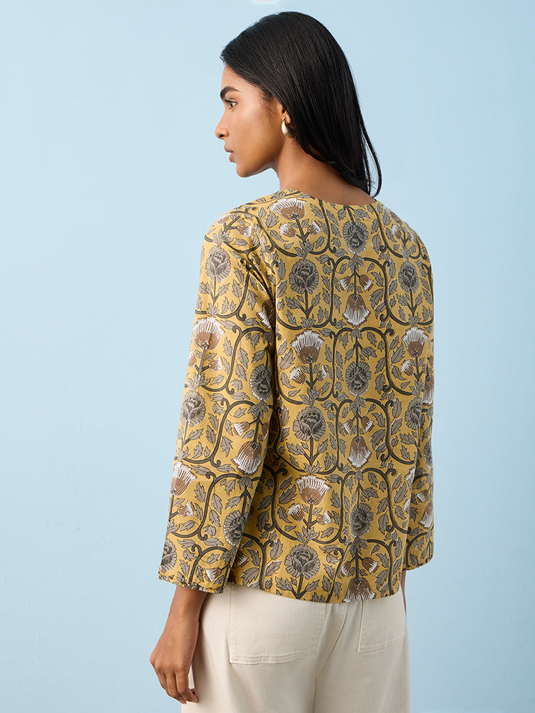 Utsa Mustard Foliage Printed Cotton Tunic