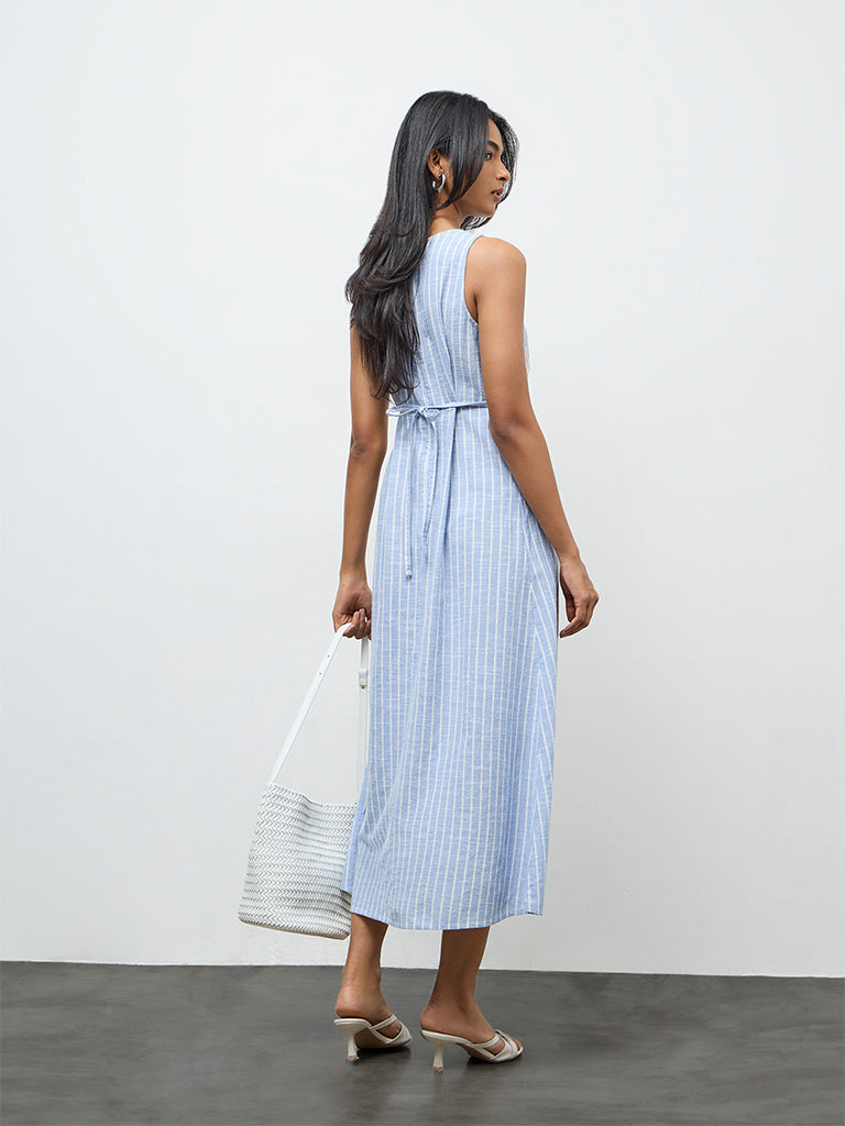 LOV Light Blue Striped Lace-Detailed Cotton A-Line Dress