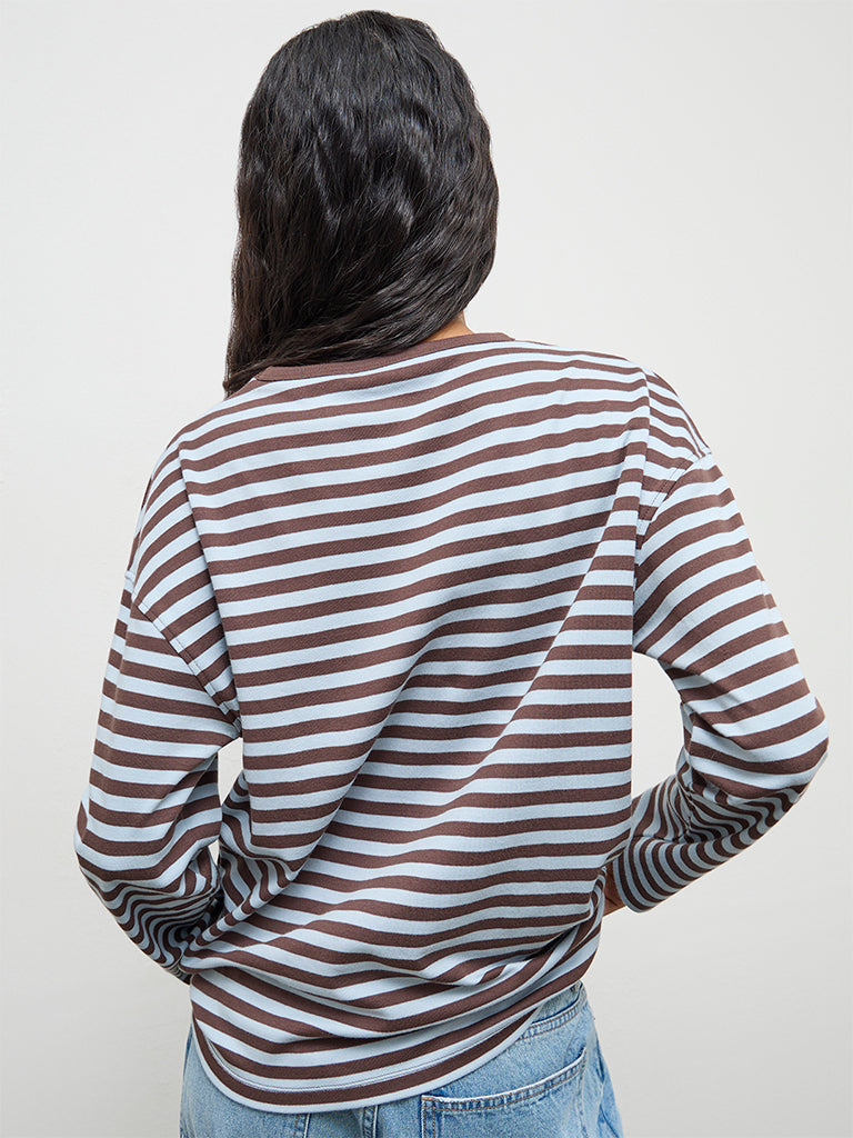 Nuon Blue Stripe Pattern Cotton T-Shirt