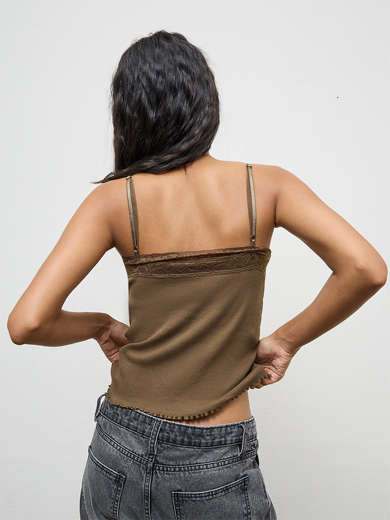 Nuon Olive Lace-Detailed Cotton-Blend Top