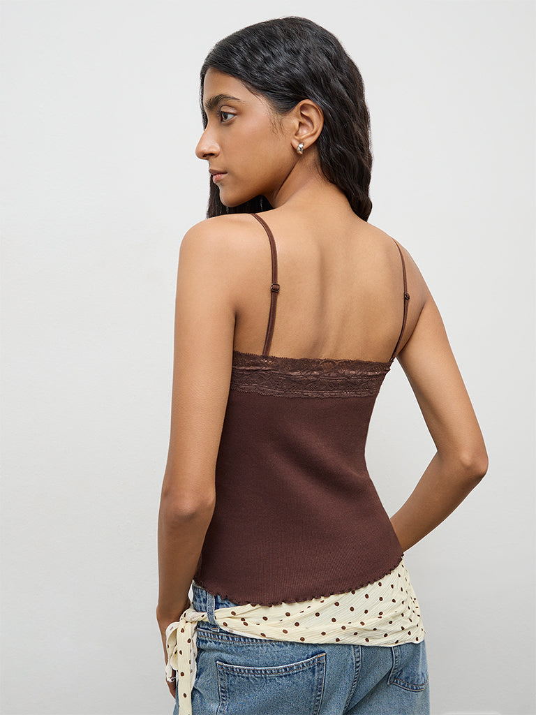 Nuon Dark Brown Lace-Detailed Cotton-Blend Top