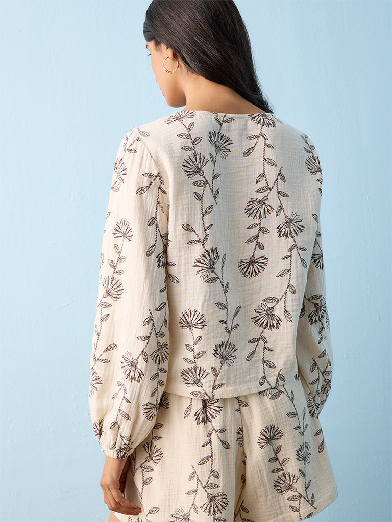 LOV Off-White Floral Printed Cotton Top