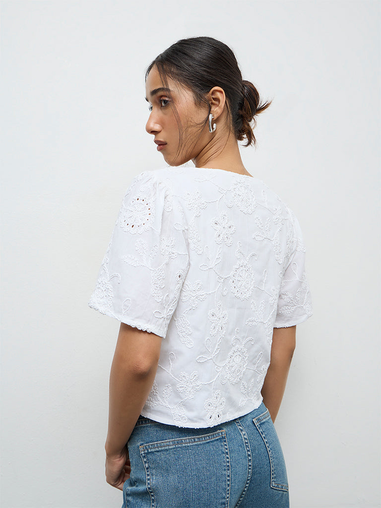 LOV Off-White Floral Embroidered Cotton Blouse