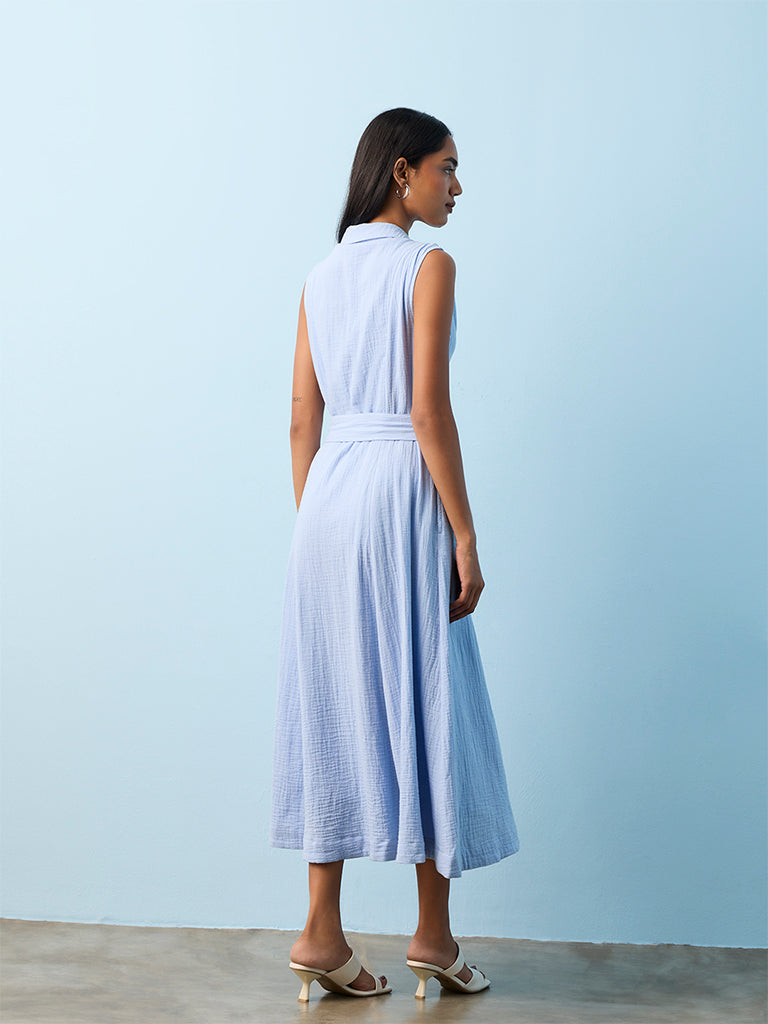 LOV Light Blue Crinkled-Textured Cotton Shirt Dress with Belt