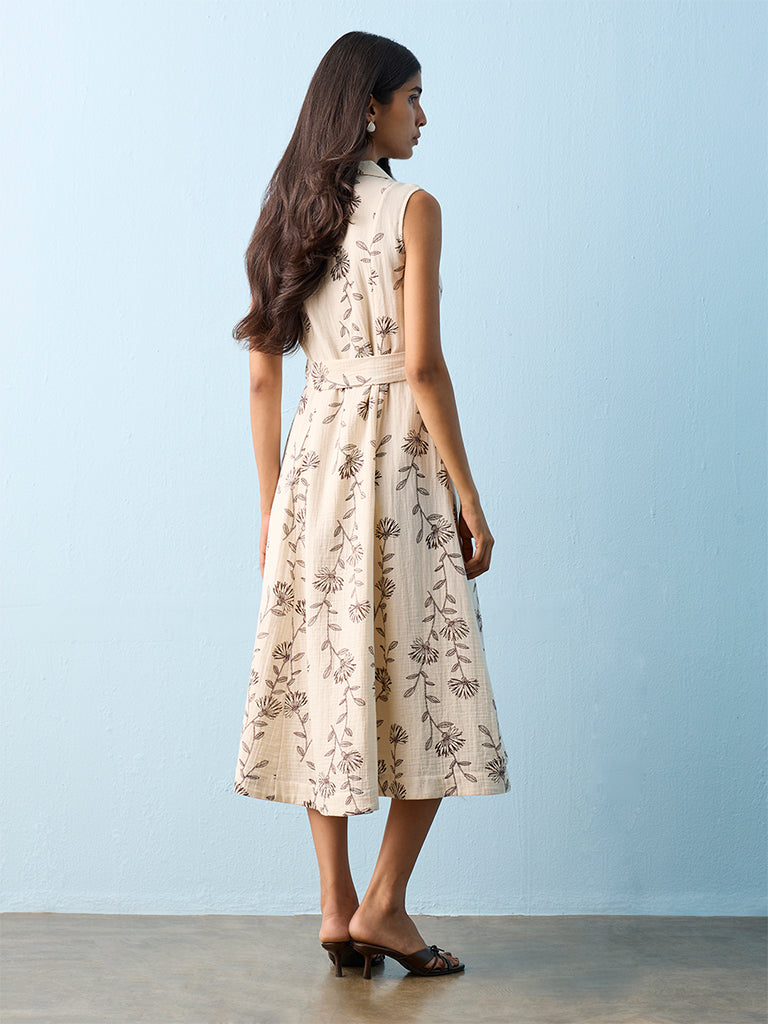 LOV Off-White Floral Printed Cotton Shirt Dress with Belt