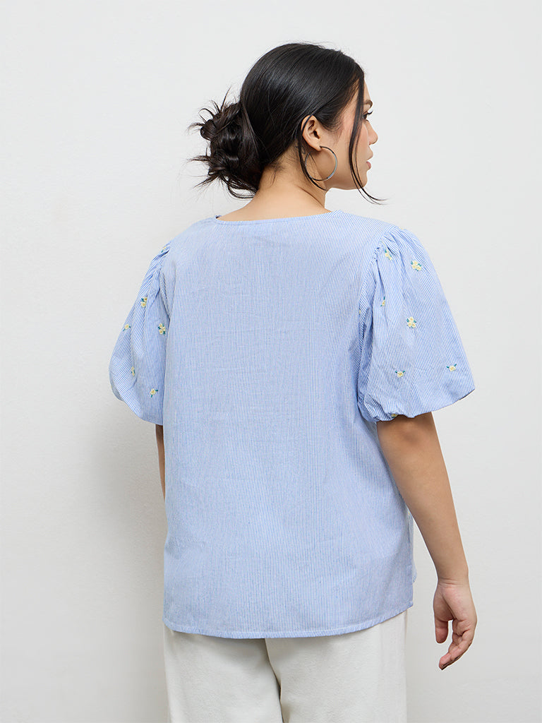 Gia Blue Floral Embroidered Cotton Blouse
