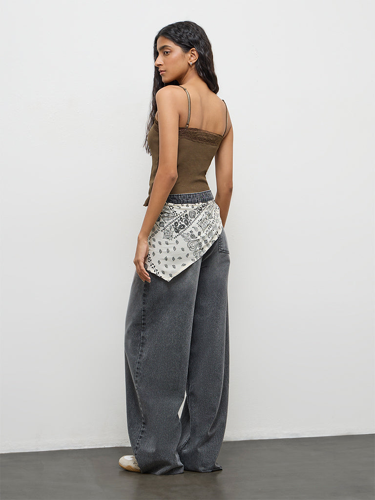Nuon Black Washed High-Rise Jeans with Scarf